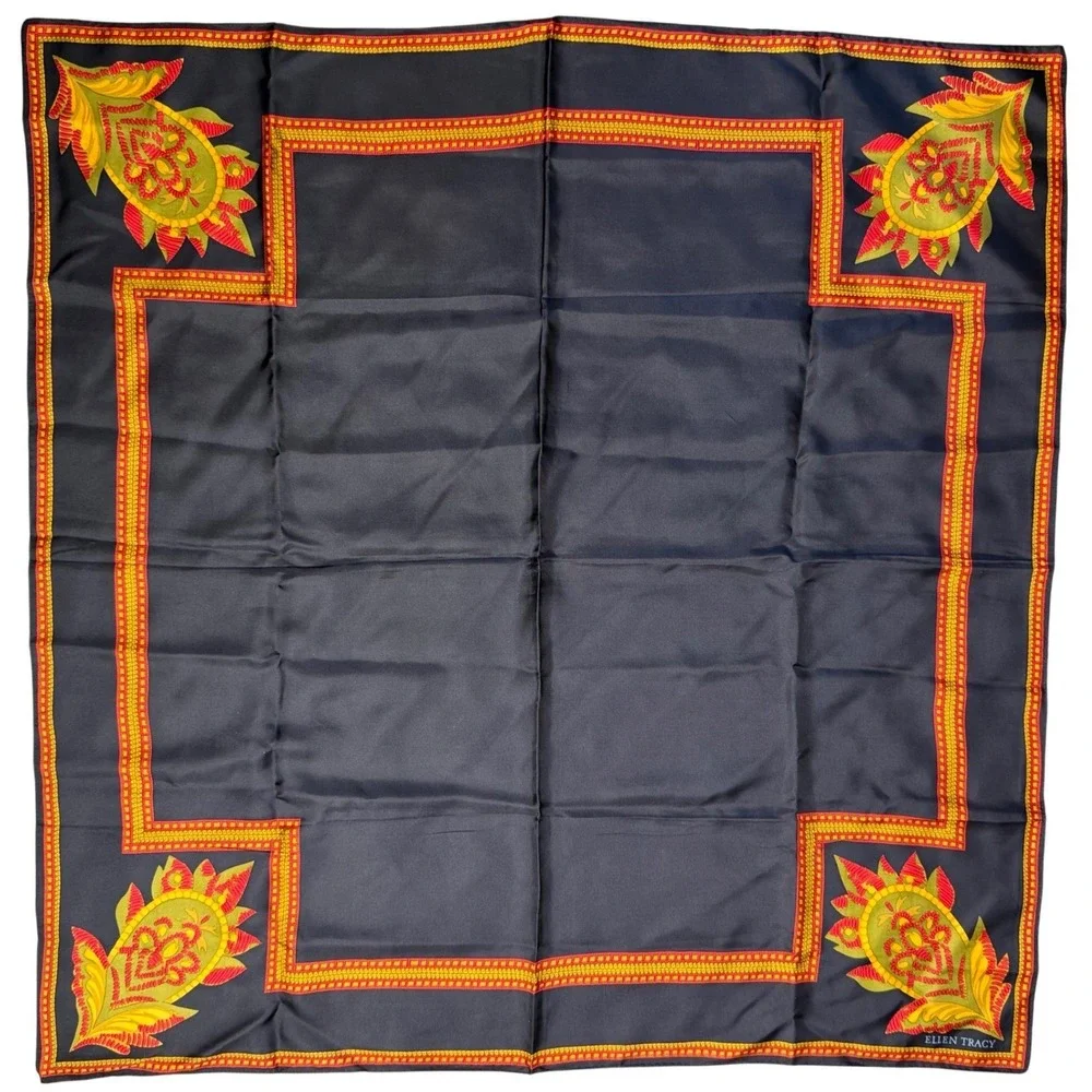Linda Allard For Ellen Tracy Silk‎ Scarf Black Red Gold Square Silk Scarf